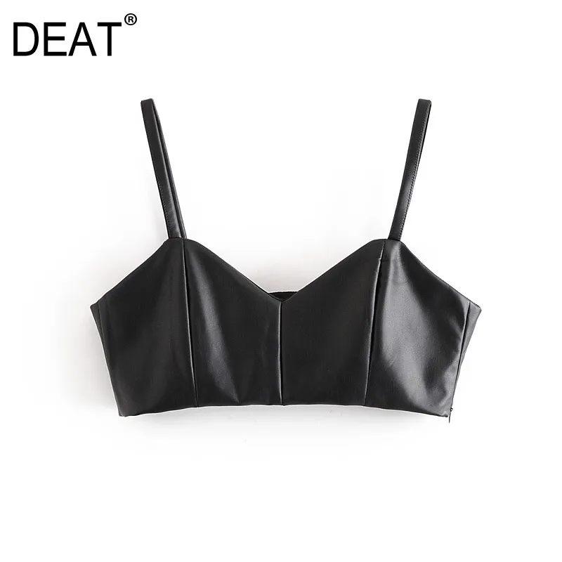 Women Fashion Sexy PU Leather Elasticity Cropped Tank Top V-neck Black Side Zipper Wide Straps Female Tops 210421