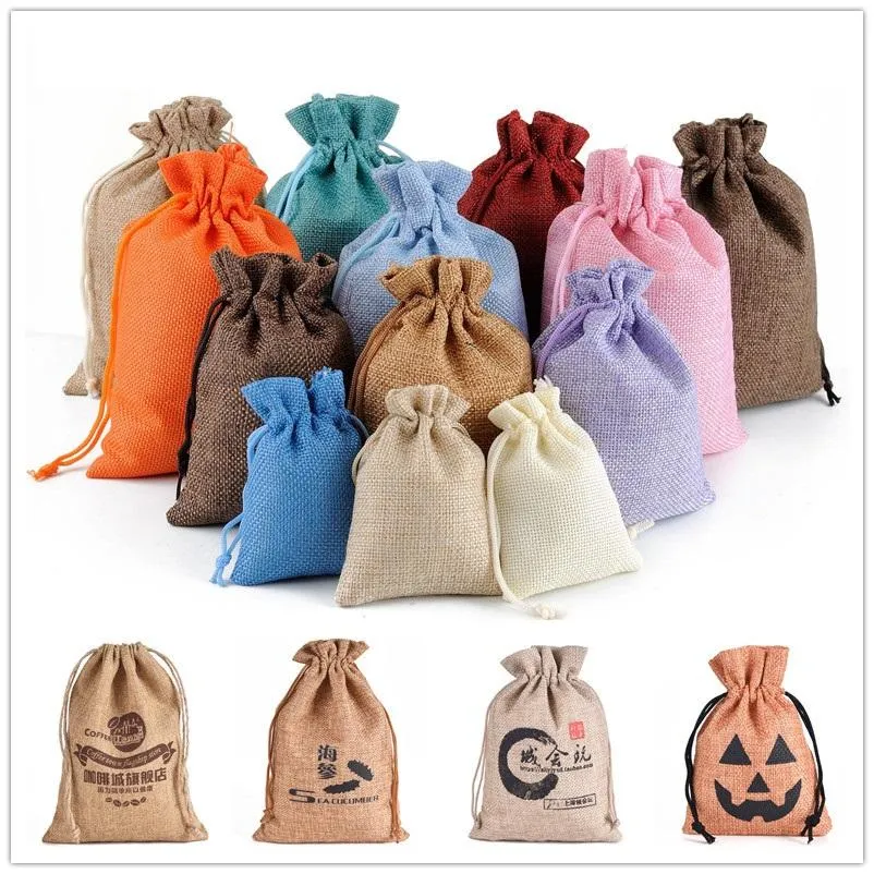 Multi sizes Linen Drawstring Organizer Jewelry Gifts bags Shopping Present Pack business promotion wholesale Jute package bag Gift Pouches Custom logo