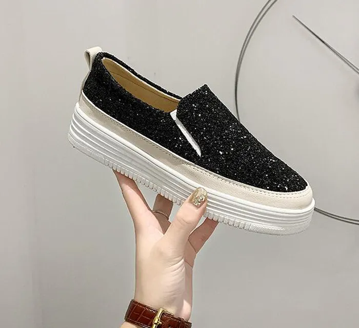 Fashion Brand Loafers Women Dress Shoes Classic Low Tops Platforms Sneakers Popular Black Silver Pink Sequins Glitter Design Outdoor Career Slip-on Casual Trainers