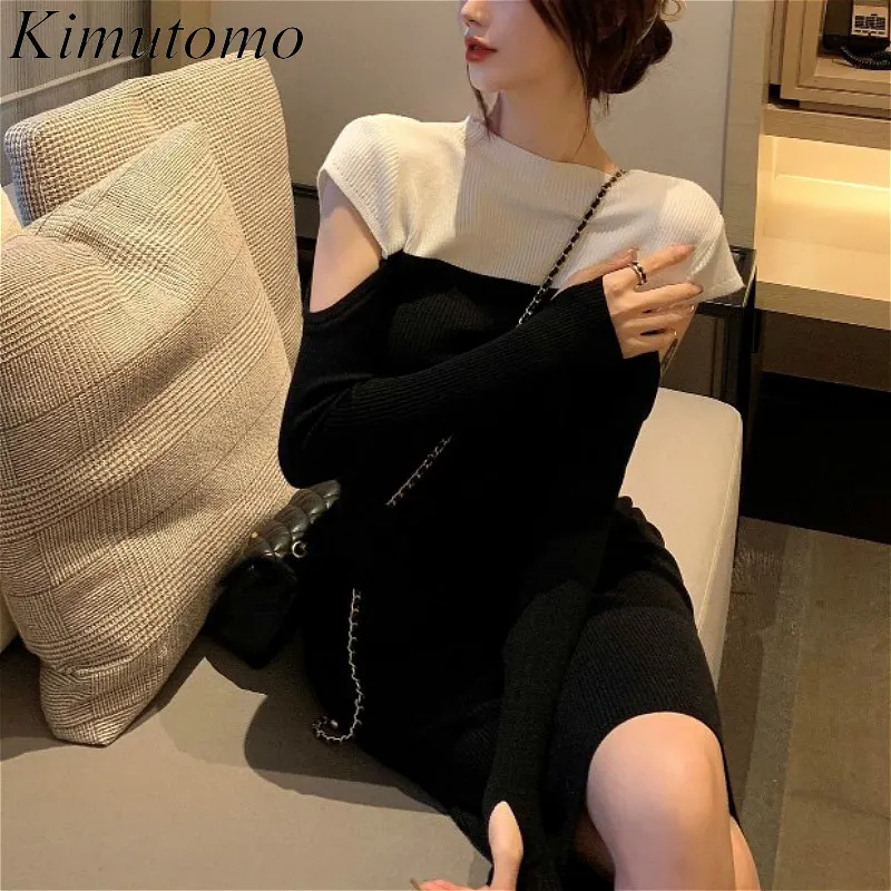 Kimutomo mode gebreide jurk vrouwen herfst winter koreaanse elegante holle zwarte patchwork slim fit bodycon vestidos mujer 210521