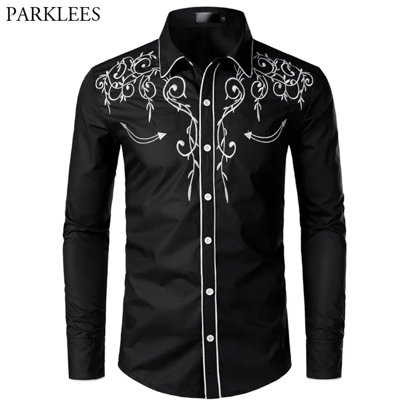Stylish Western Cowboy Shirt Men Brand Design Embroidery Slim Fit Casual Long Sleeve s Mens Wedding Party for Male 210721