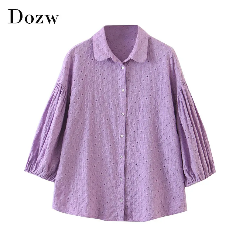 Camicette da donna eleganti con ricamo floreale Camicetta elegante con maniche a lanterna Camicetta viola Camicia con colletto rovesciato retrò Top Blusas 210414