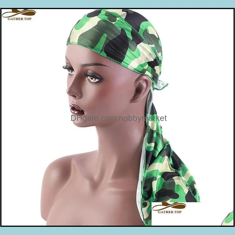 Mens Military Camouflage Premium Imitate Silky Durags with Long Tail Fashion Colorful 360 Waves Doo rag for Men Durag Du rag Cap