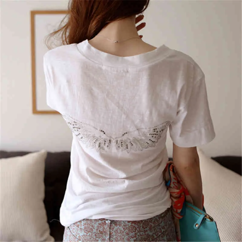 Camiseta Mulheres Branco Manga Curta EE Ops Summer Algodão Plus Size O-pescoço Ops Ops 210423