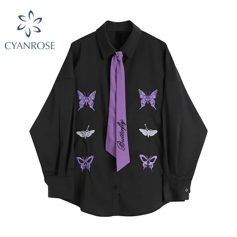 Kvinnor Blus Gotisk Svart Höst Långärmad Butterfly Broderi Harajuku StreetWear Casual Loose Turn Down Collar Shirt Toppar 210417