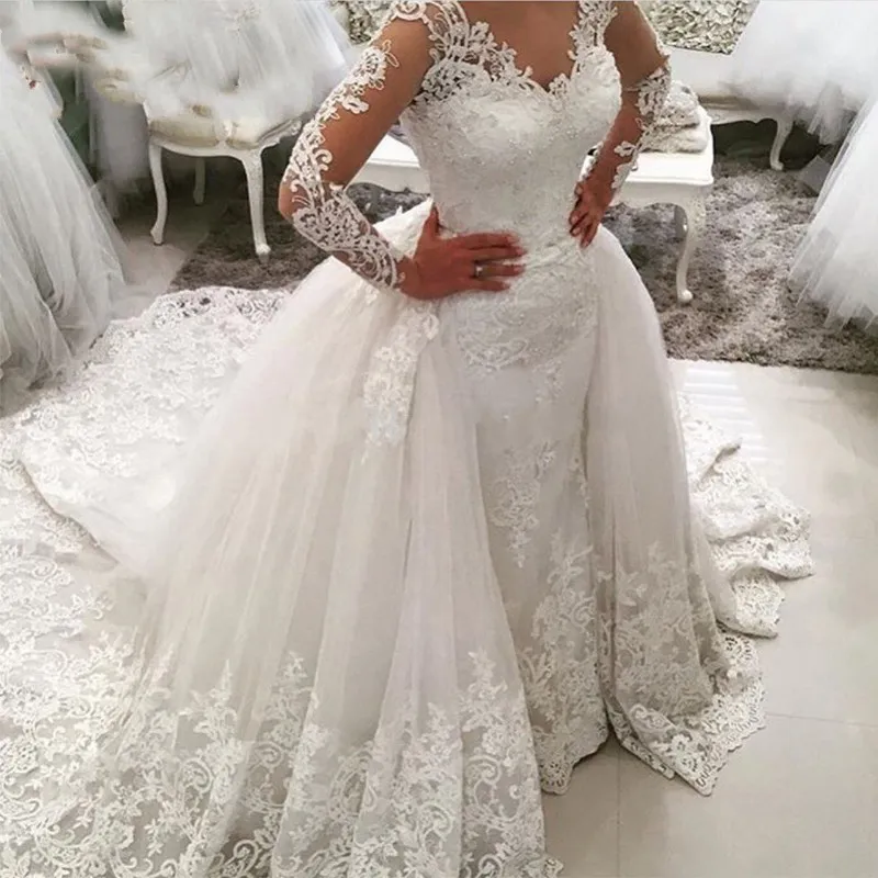 Lüks Dantel Uzun Kollu Mermaid Gelinlik Gelinlikler Ayrılabilir Etek Backless Mahkemesi ile Trenler Suudi Arapça Beyaz Fildişi Tül Gelin Elbise Robe de Mariée