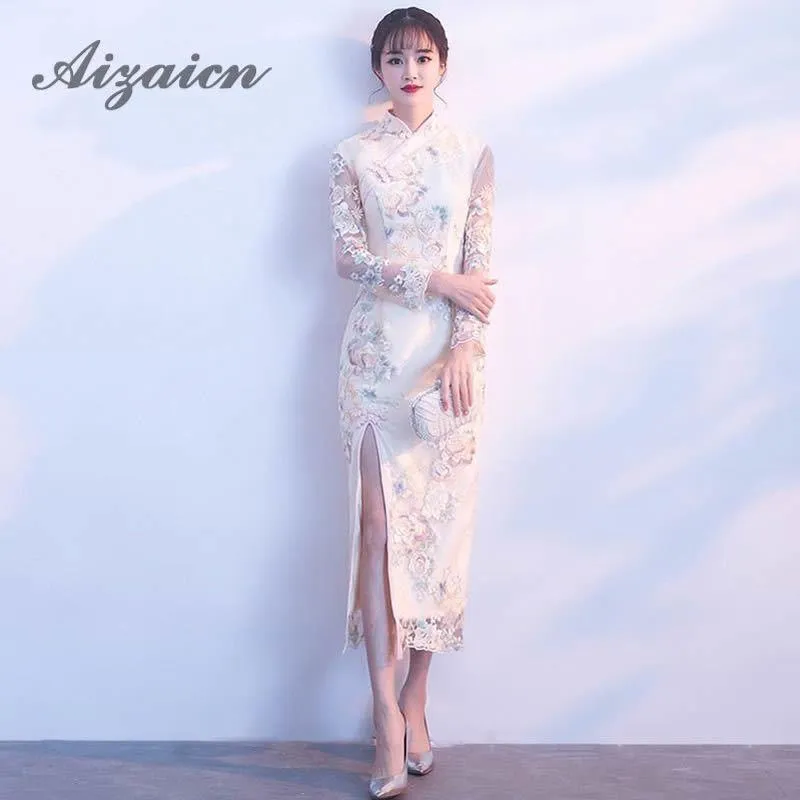 High Split Qipao Long Chinese Traditional Wedding Dress Lace Modern Cheongsam Oriental Style Dresses Summer Women Sexy Flowers Eth2607