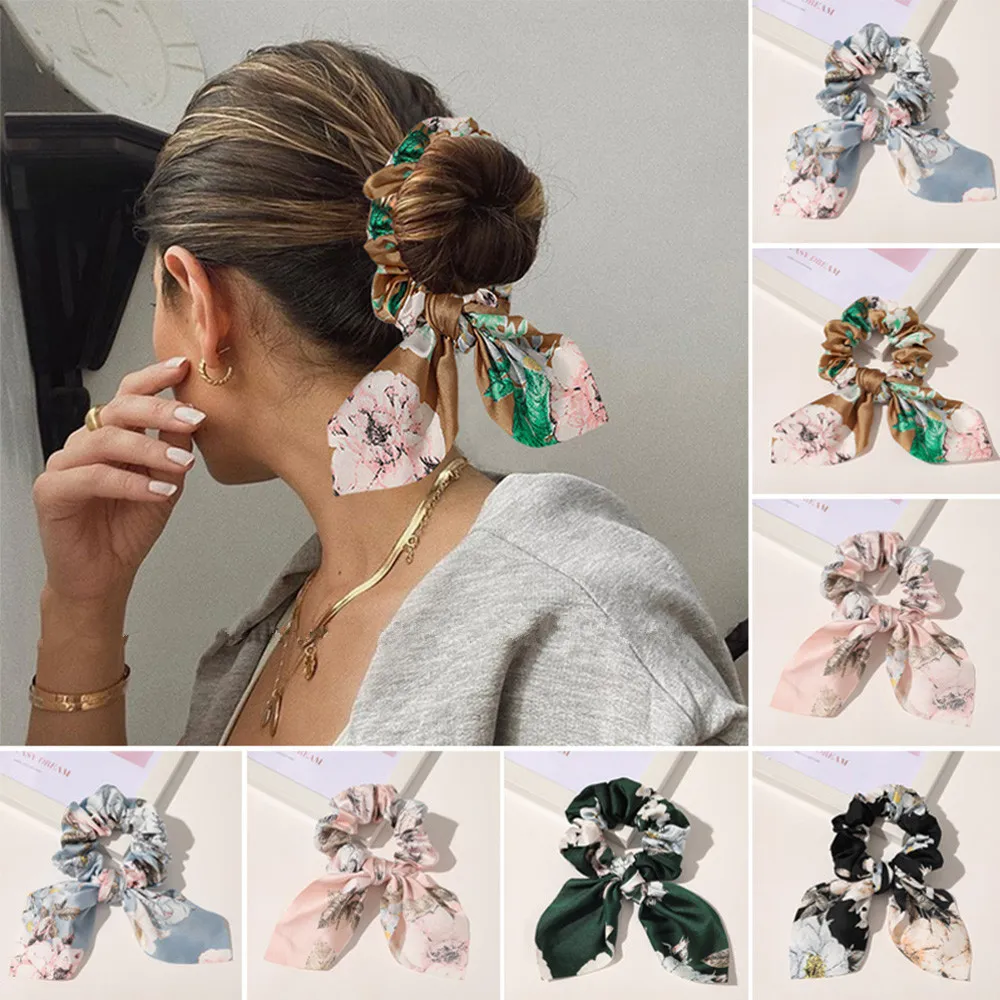 Chiffon Bowknot Elastic Hair band Women Girls Solid Color Scrunchies Headband HairTies Ponytail Holder