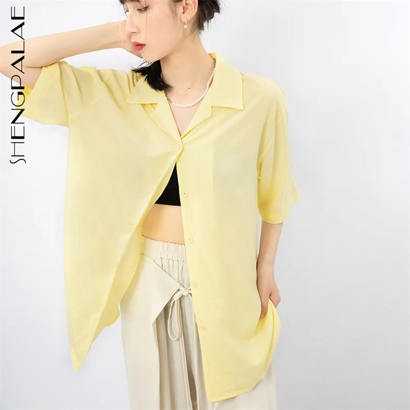 Simple Yellow Blouse Women's Summer Lapel Single Breasted Short Sleeve Purple Shirt Female Fashion 5E315 210427