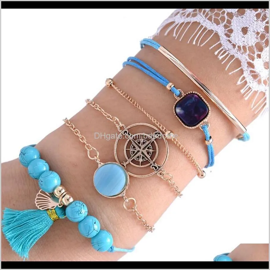 bracelets set bule black beaded bracelet with tassel pendant flower star map shell turtle compass charm rope gold color plated metal