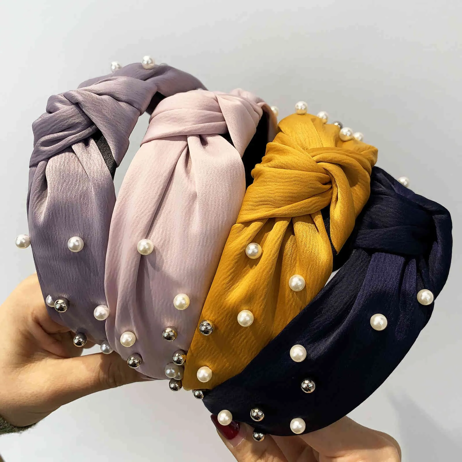 Knot Pérolas Headbands para Mulheres Meninas Handmade Larga Sólida Tecido De Seda Torção Banda Bezel Hoop Acessórios De Cabelo