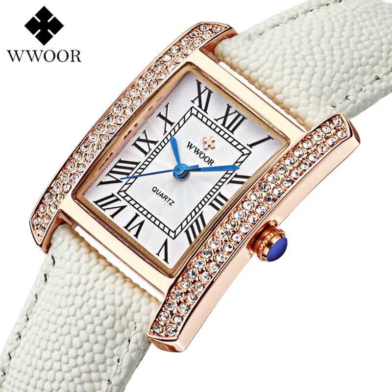 Armbanduhren WWOOR Damenuhr Top Mode Kleid Quarz Quadrat Diamanten Damenuhren Leder Weibliche Uhr Relogio feminino