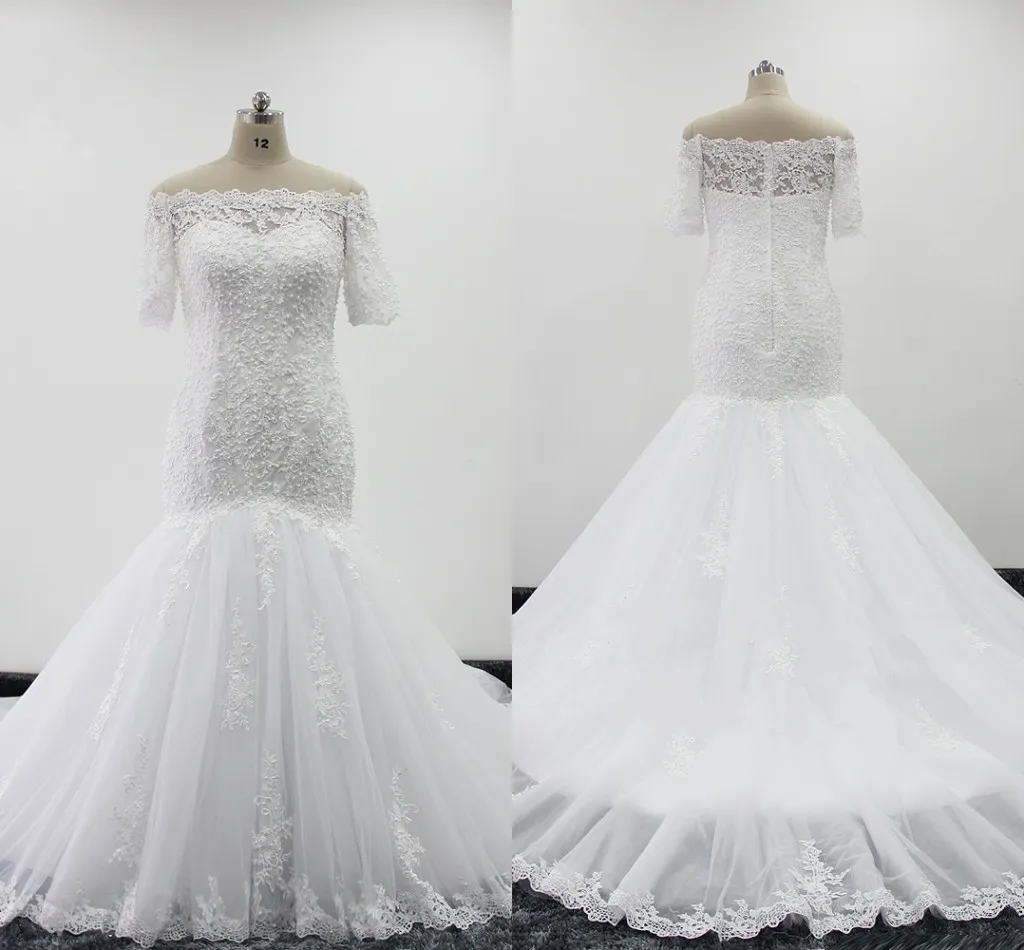 2021 pérolas mais tamanho vestido de noiva sereia com meia mangas lace applique trompete vestidos nupciais para a noiva feminina fora do ombro longo trem