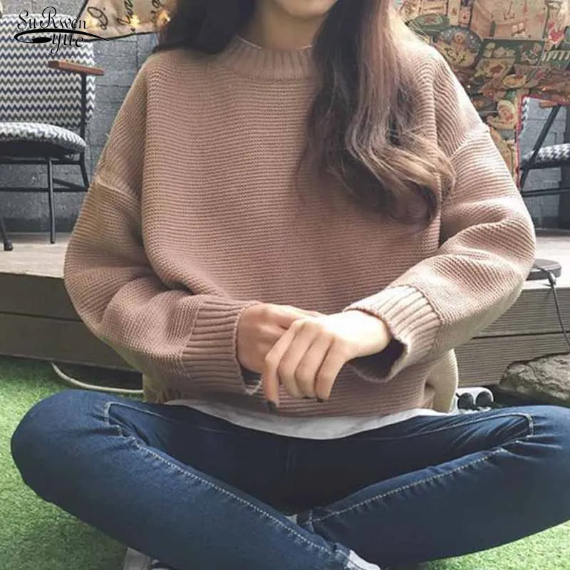 Loose Sweet Solid Color College-Style Knitted Jumper Tops Women Pullover Winter Long Sleeve Bottoming Sweater Pull Femme 11634 210521