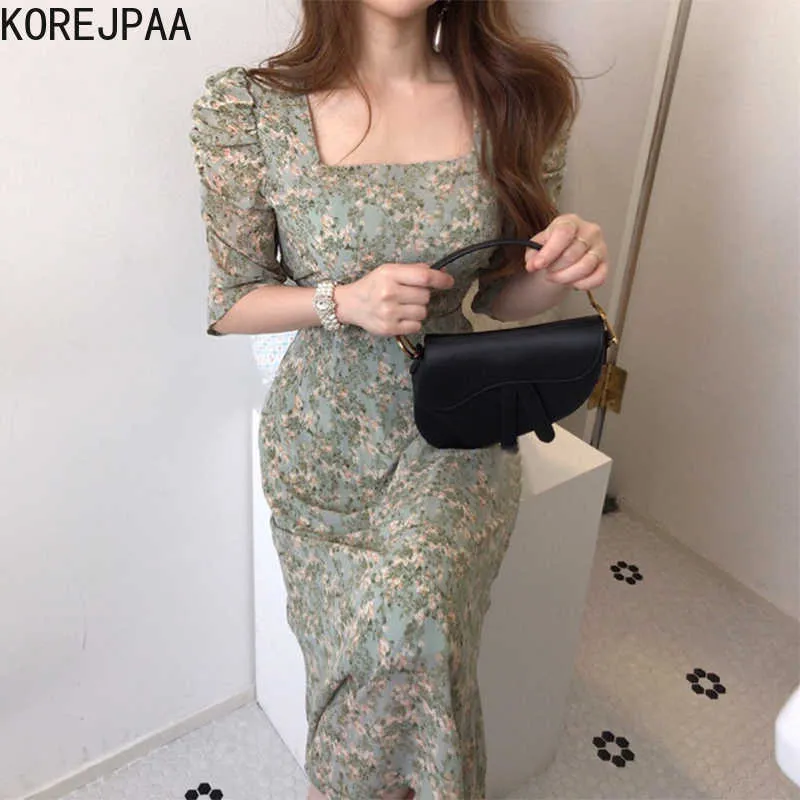 Korejpaa Vestido de mujer verano coreano Chic señoras temperamento suave cuello cuadrado corbata adelgazante pliegues Puff manga Floral Vestido 210526