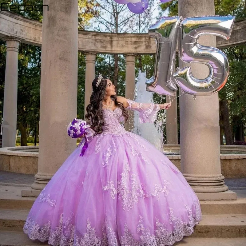 2021 principessa lavanda abiti da quinceanera scollo a V pizzo abito di sfera dolce 16 abito maniche lunghe vestidos de 15 anos268o