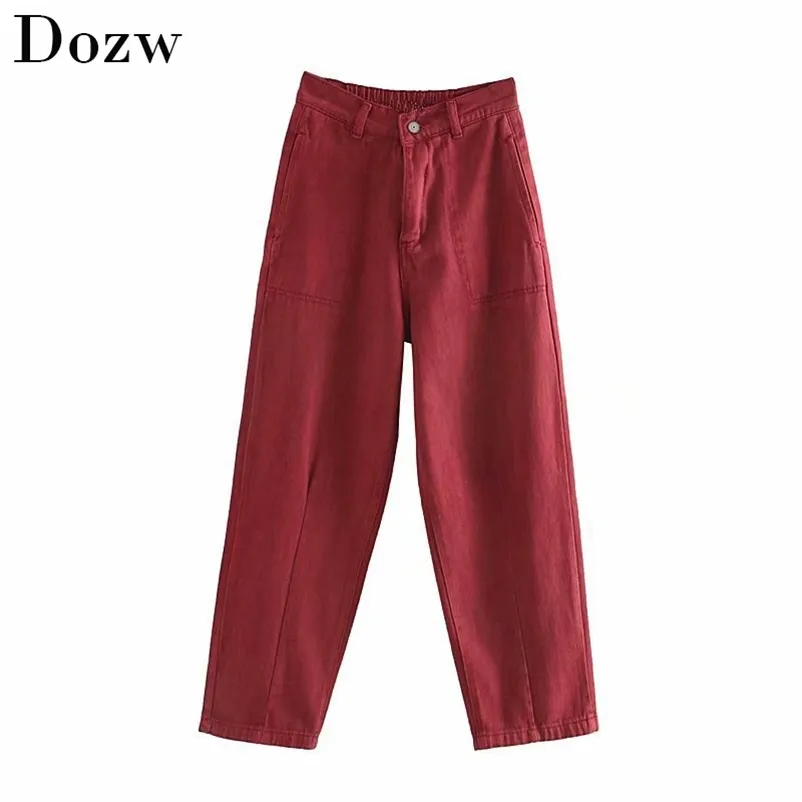 Casual Loose Wide Legs Pants Solid Women Harm Vintage High Waist Ladies Straight Trousers Denim Red Bottoms 210515