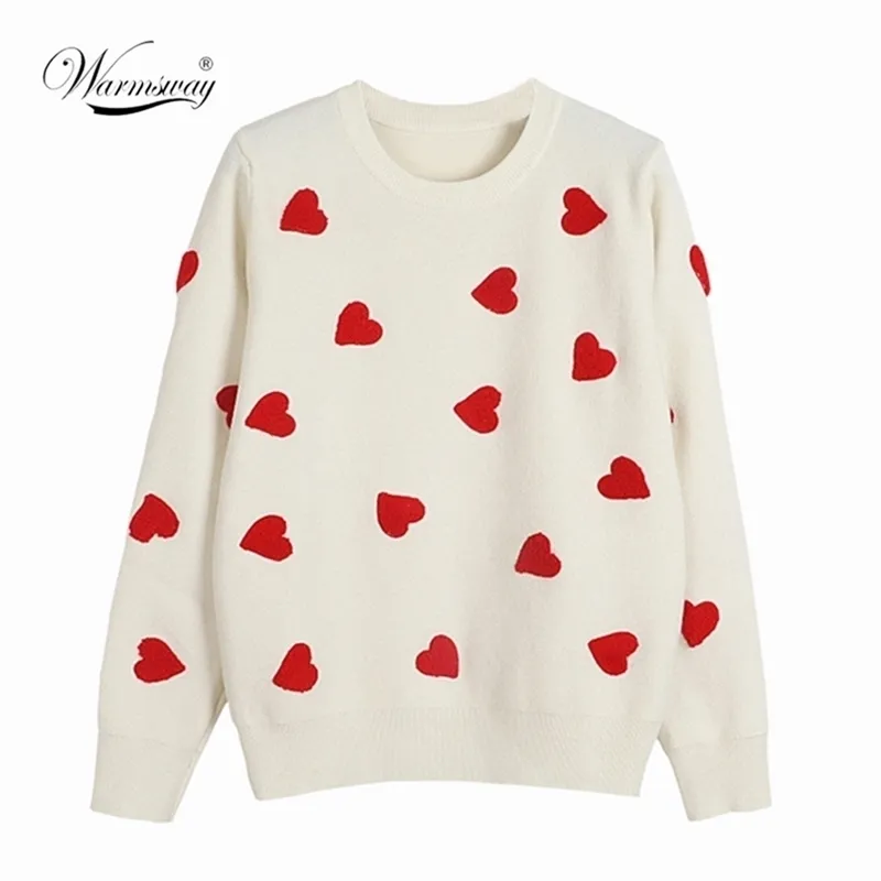 Spring Embroidery Heart Women Sweater O-Neck Kawaii Fashion Pullover Loose Jumper Long Sleeve Knitwear Female C-257 211123
