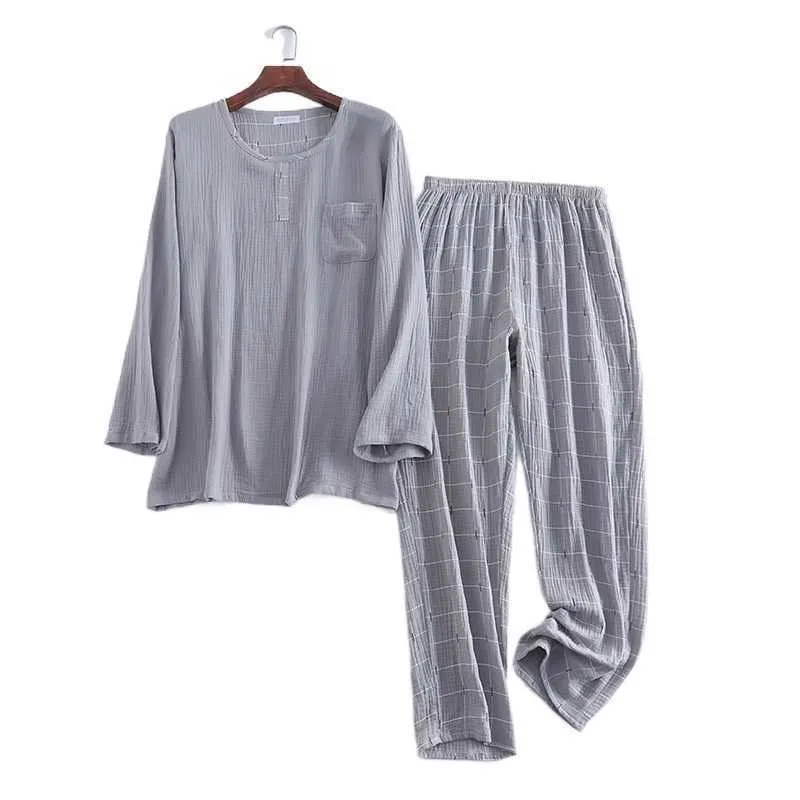 Men's Double Layer Washed Texture Gauze Round Neck Plaid Pajamas Pants Home Suit Men Lounge Wear Pocket Nightwear Dormir Tops 210928