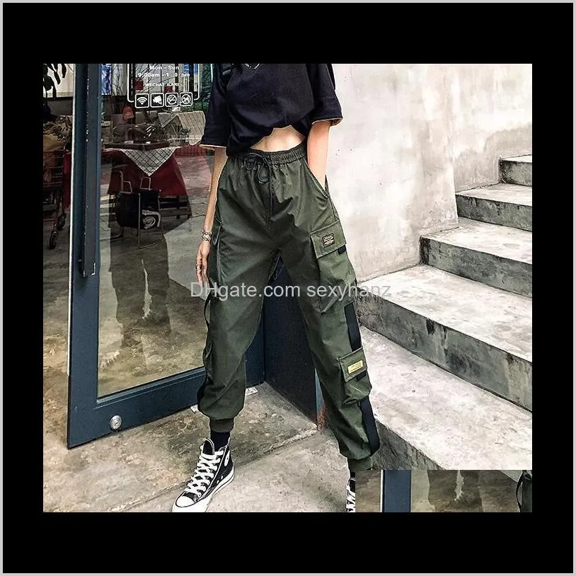 women`s cargo pants black ribbon pocket jogger elastic waist high streetwear harajuku pant punk females trousers harem pants1