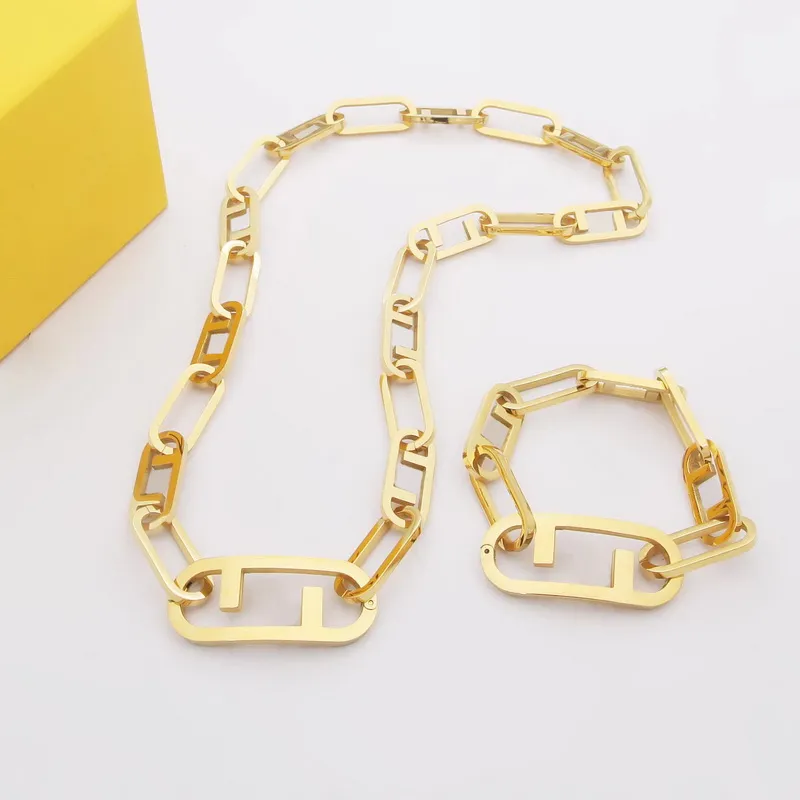 Europe America Designer Jewelry Sets Men Lady Women Stainless Steel Engraved Hollow Out Initials Letter 18K Gold Thick Chain Bracelet Necklace 3 Color