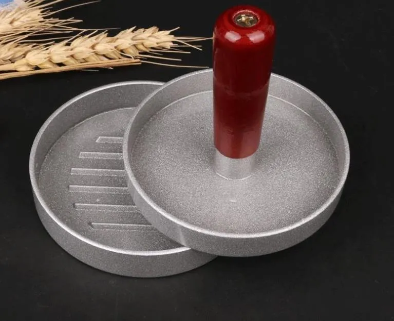 Aluminum Alloy Round Shape Hamburger Press Kitchen Tool Wooden Handle Non-Stick Burger Maker Hamburgers Mold Meat Beef BBQ Grill SN3285