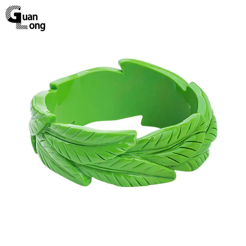 Vintage Colorful Resin Acrylic Wide Leaf Bangle Designer Charms Simple Ladies Flower Bracelet for Women Fashion Jewelry Girls Q0719