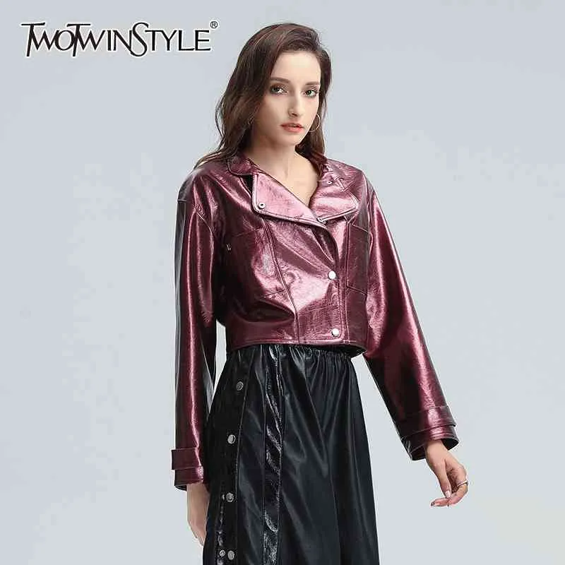 Moto Style Jacket For Women Stand Collar Long Sleeve Pockets Patchwork Pu Loose Jackets Female Autumn Clothing 210524