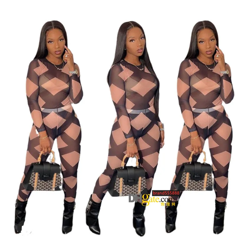 Black Nude Plaid Print Sexy Set Women Club Outfits Mesh Sheer Bodycon Jumpsuit Matching Sets C87-CF15
