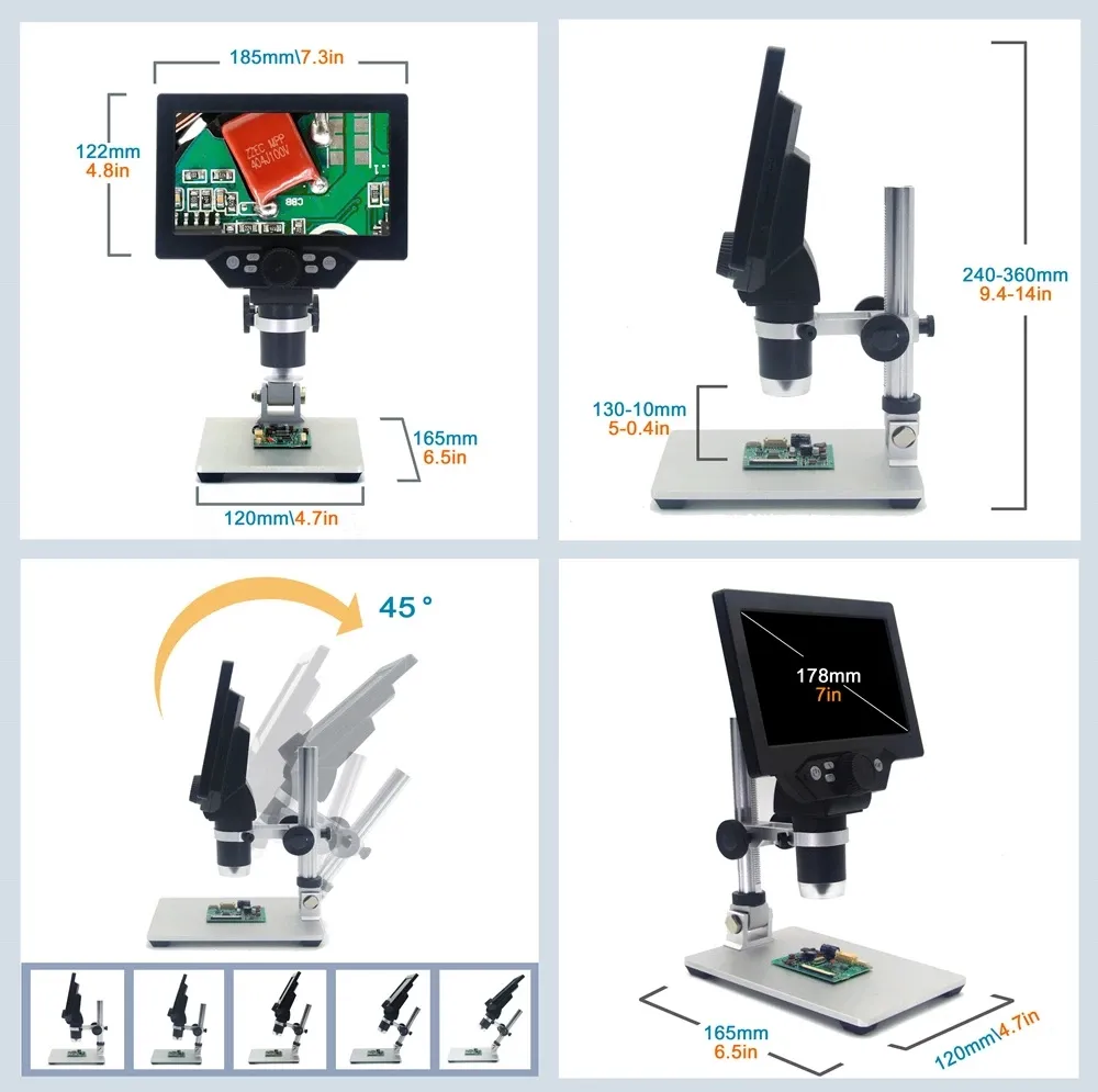 Outros instrumentos de análise de medição Microscópio digital eletrônico 12MP 7 polegadas Grande Base LCD Display 1-1200X ferramenta de aumento de amplificação contínua