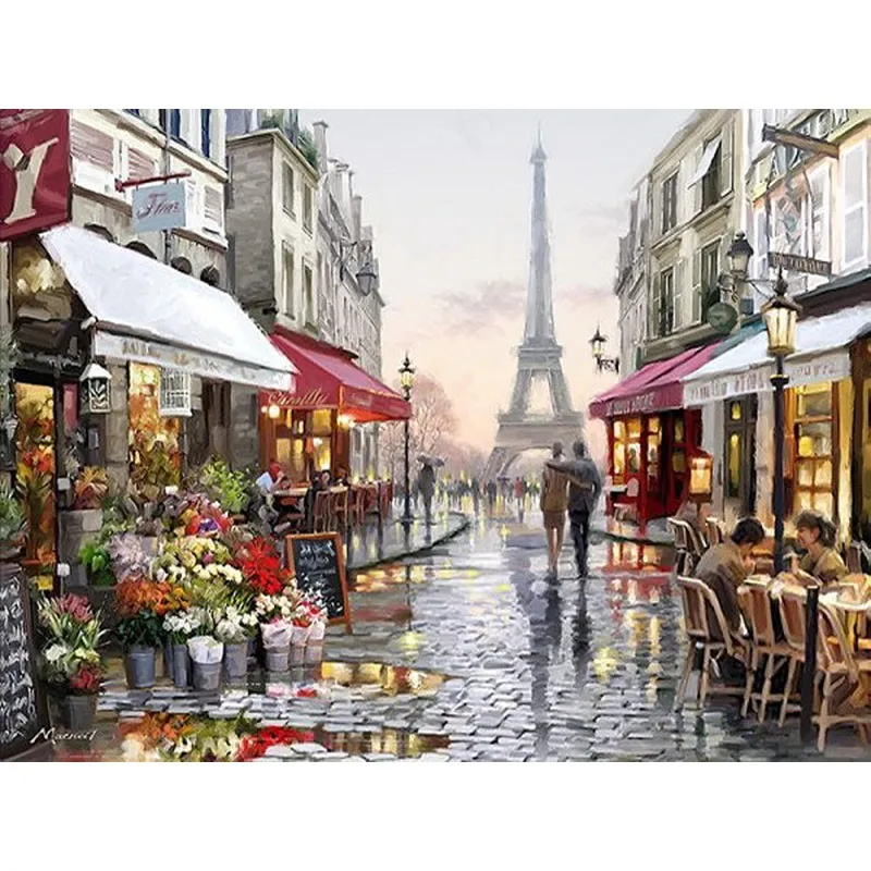 Straatmening Landschap Olieverfschilderij Moderne Deocrative Art Posters op Canvas voor Office, Cafe Bar, Coffee Shop, Home Wall Decor, Handgeschilderd