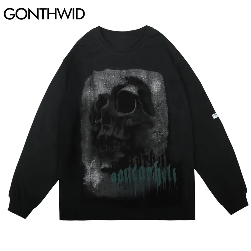 Long Sleeve Tees Shirts Streetwear Hip Hop Skeleton Print Punk Rock Gothic Tshirts Men Fashion Hipster Harajuku Tops 210602