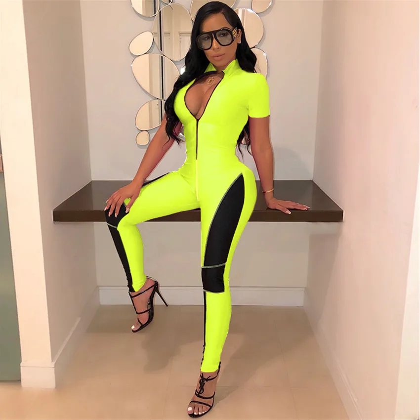 Fanieces Seksi Limon Kırmızı Bodycon Tulum Romper Streetwear Kısa Kollu Bodysuit Kadınlar Fermuar V Boyun Zarif Beachwear 210520