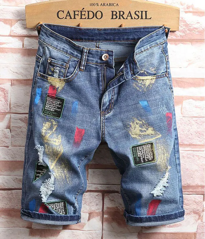 Men Embroidery Blue Jeans denim shorts zomerontwerper heren badge patckwork gebleekte retro grote size letters patches korte broek broek broek 312 244