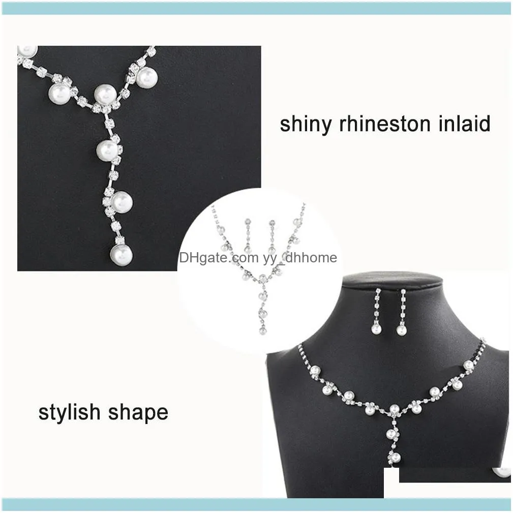 Earrings & Necklace Fashion Women Rhinestone Faux Pearl Pendant Stud Jewelry Set Wedding Party Decor Accessory