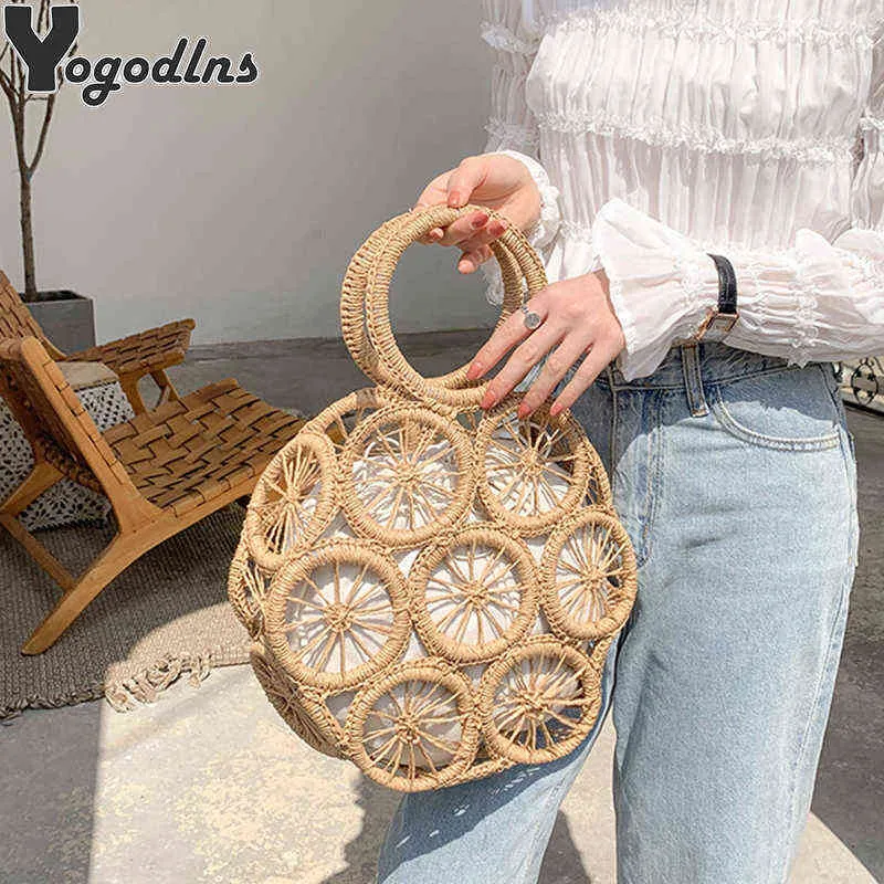 Shoppingväskor Mode Rattan Hollow Halm Handväskor Kvinnor Handgjorda korg Vävt sommarstrand Crossbody Kvinna Bali Böhmen Resa 220307