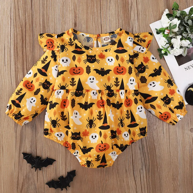 2021 Bébé Filles Vêtements Mode Enfants Barboteuses Orange Halloween Imprimer Manches Longues Chauve-Souris Citrouille Fille Onesie Combinaisons Pour Enfants Vêtements Pour Enfants