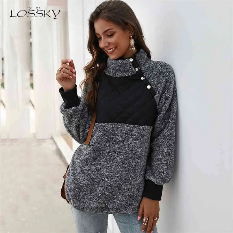 Losse sweatshirt lange mouwen patchwork kleur fahsion herfst winter trui zwarte dames pluche warme tops kleding 210910