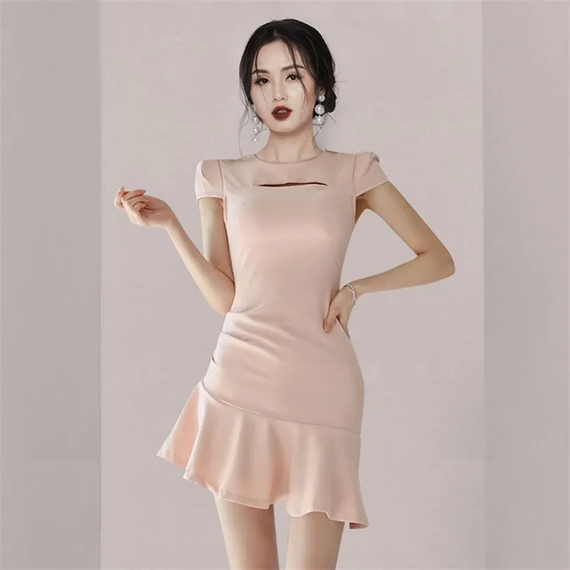 ピンクミニドレス韓国の女性夏半袖クルーネックセクシーキャバレットパーティードレス210602