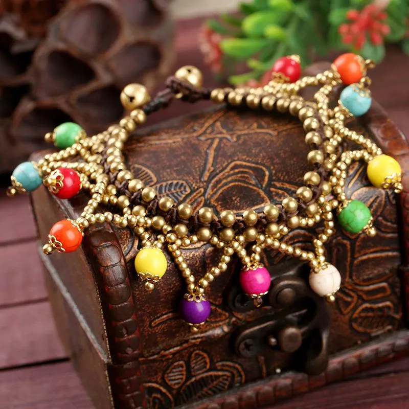 Beaded, Strands European And American Bohemian Ornament Semi-Precious Stone Pendant Copper Bead Malachite Thailand Wax Line Woven Bracelet