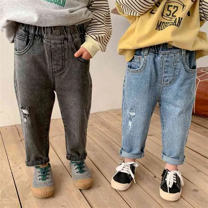 Spring Autumn fashion ripped jeans kids all-match casual denim pants boys and girls elastic 210708