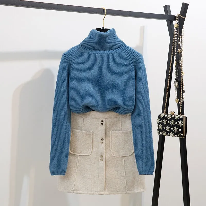 Turtleneck Sweater Suit 2 Peças Mulheres Roupas Outono Inverno Inverno Grosso Quente Lã Azul Pullover + Botão De Bolso Saia de Lã Set 210416