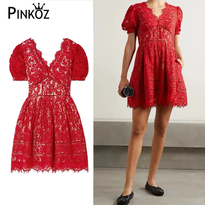 vintage party dress red Christmas mini dresses for women lace v-neck hollow out A-line summer holiday robe mujer vestidos 210421