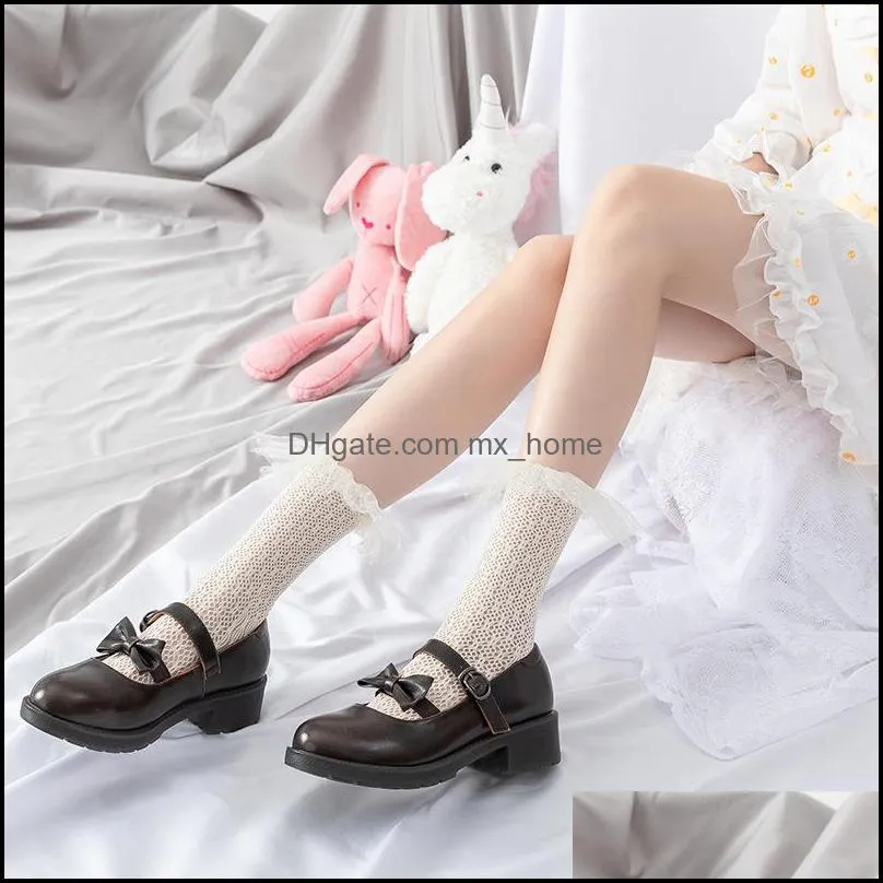 Lolita Style Japanese Sweet Maiden Cute Uniform Socks Women Lace Mesh Kawaii Bowknot Princess Socking Cotton Black White