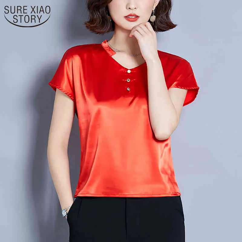 Solid Korean Style Loose Slim V-nevk Small Shirt Blusas Femme Summer Silk Woman's s Short Sleeve Satin 10163 210508