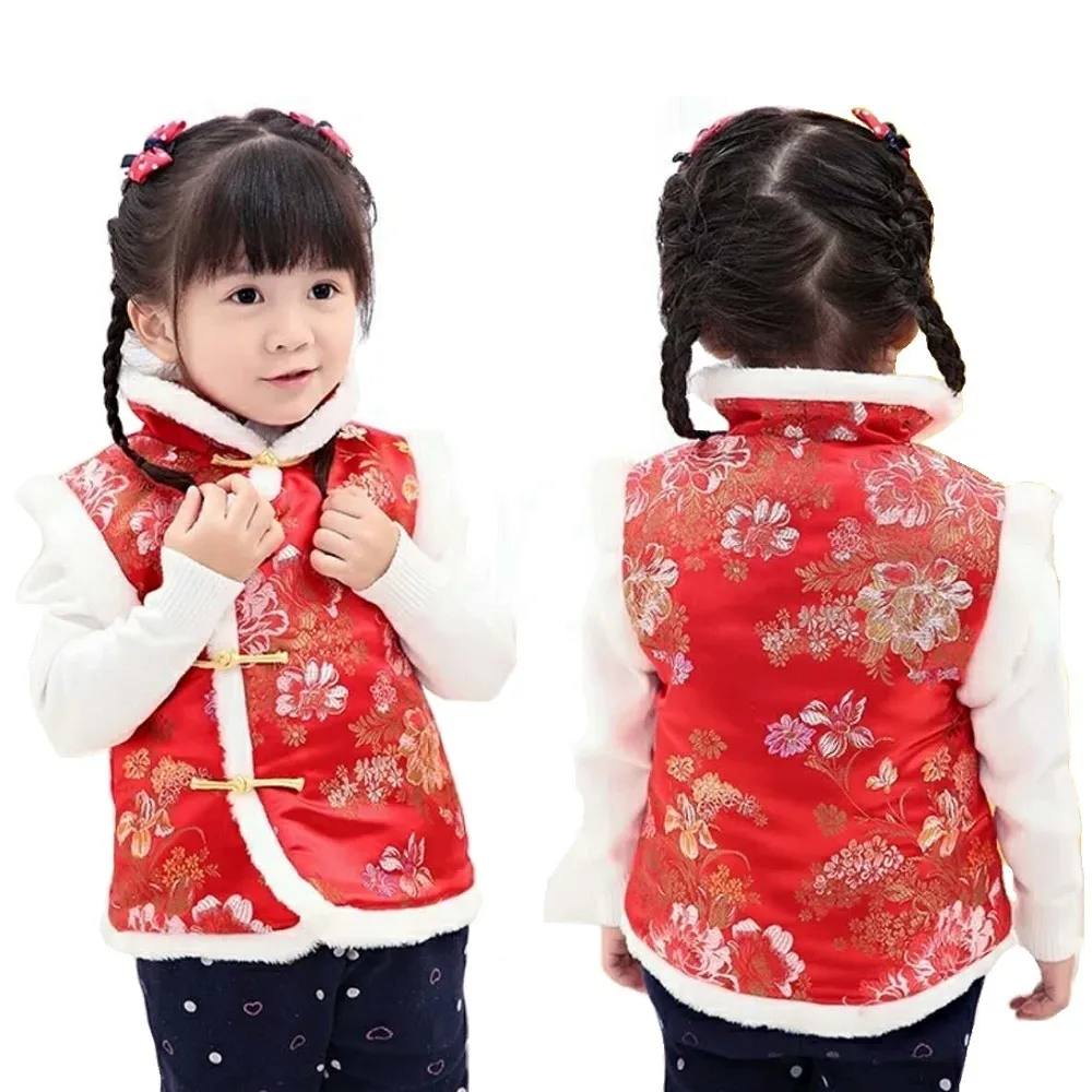 Rote Blumen Baby Mädchen Weste Pfingstrose Kinder Weste Tank Tops Chinesisches traditionelles Qipao Outfit Ärmellose Mädchen Mantel Jacke Tops 210413