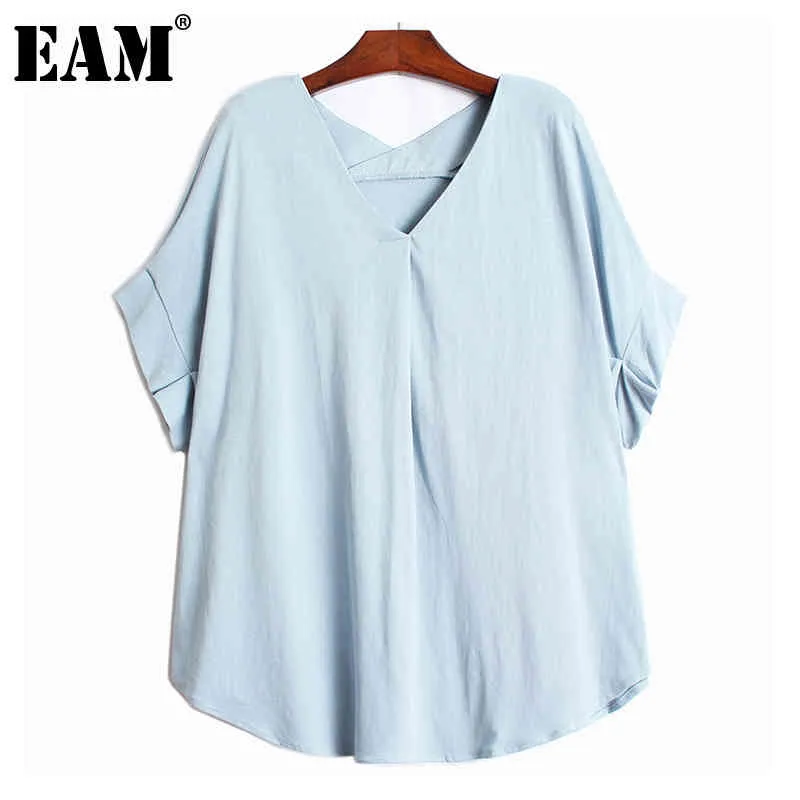 [EAM] Dames Big Size Solid Color Bat Sleeved Casual T-shirt V-hals Korte Mouw Mode Lente Zomer 1DD6851 210512