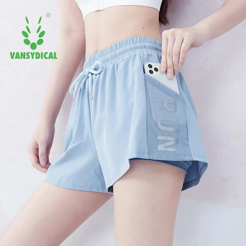 Short de course Vansydical femmes maille Yoga été poche séchage rapide vêtements de sport lâche faux deux Fitness avec doublure