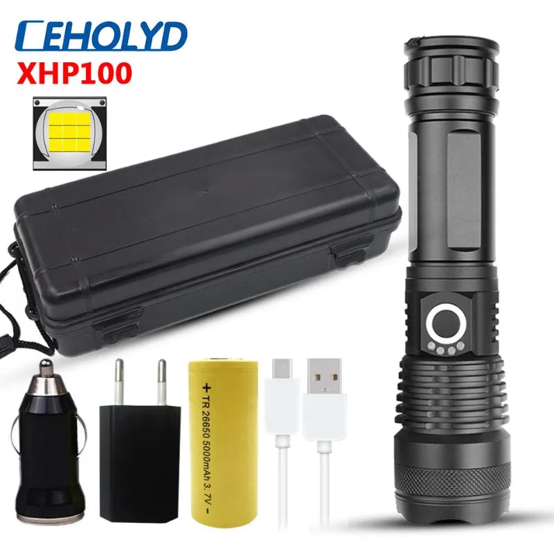 As lanternas tochas xhp100 9 núcleos de alta qualidade poderosos LED LED USB 18650 26650 Bateria Zoomable Torch Lantern