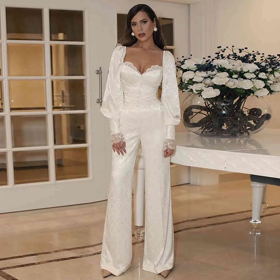 Winter Women White Long Sleeve Jumpsuits Sexy Lace Full Pants Buttons Club Celebrity Bodysuits 210423